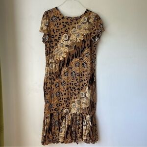Vintage 90s Floral Animal Print Ruffle Midi Dress M